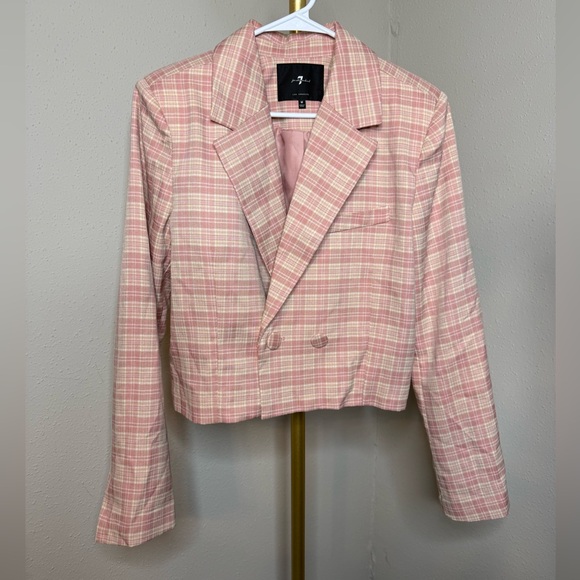 7 for All Mankind Pink Plaid Cropped Blazer - Picture 2 of 5